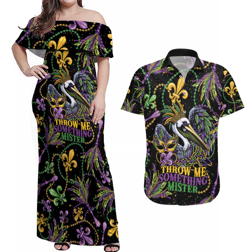 Mardi Gras Pelican Couples Matching Off Shoulder Maxi Dress and Hawaiian Shirt Throw me Something Mister! - Wonder Print Shop