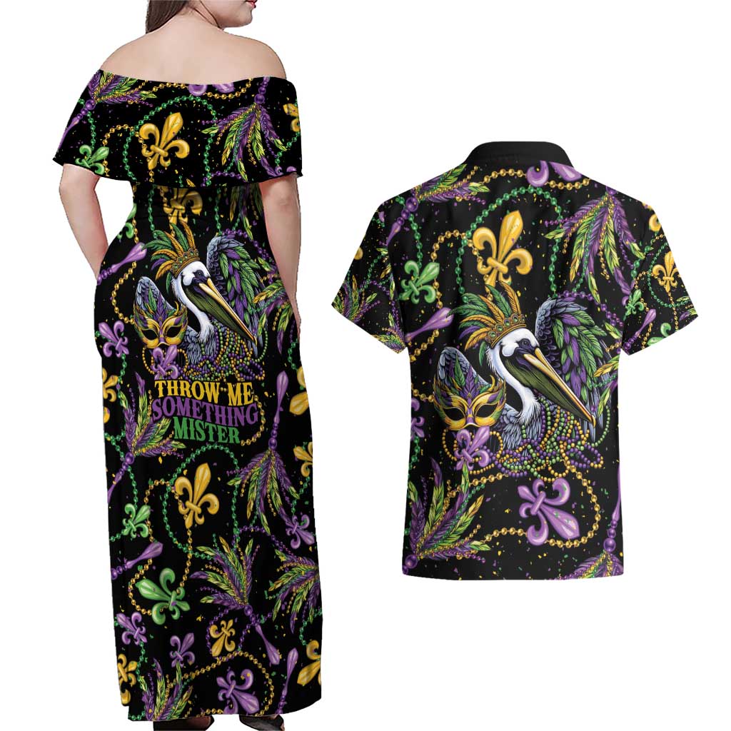 Mardi Gras Pelican Couples Matching Off Shoulder Maxi Dress and Hawaiian Shirt Throw me Something Mister! - Wonder Print Shop