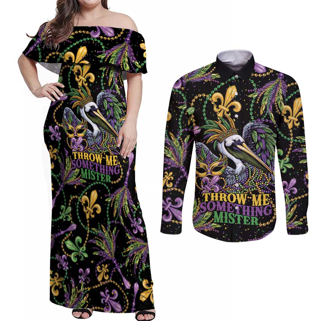 Mardi Gras Pelican Couples Matching Off Shoulder Maxi Dress and Long Sleeve Button Shirt Throw me Something Mister! - Wonder Print Shop