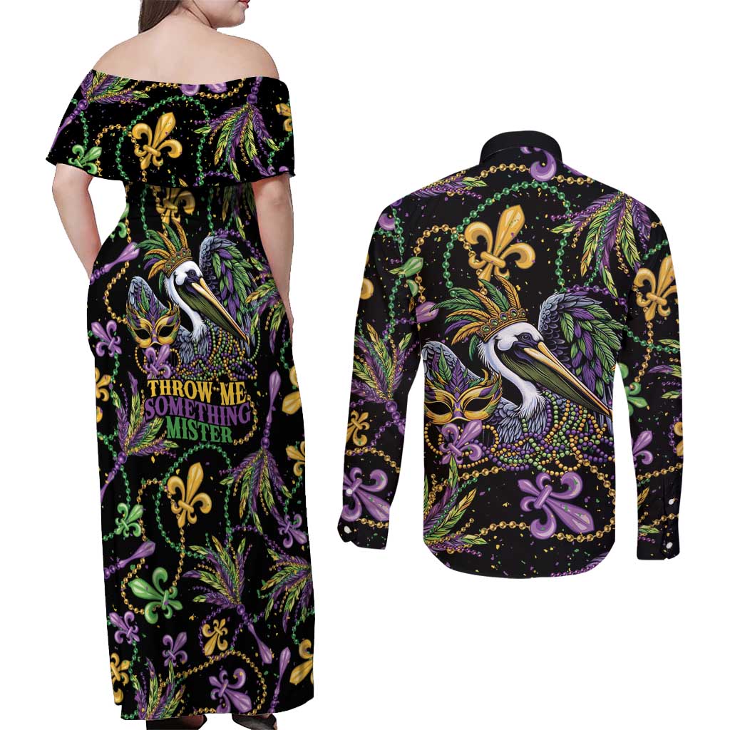 Mardi Gras Pelican Couples Matching Off Shoulder Maxi Dress and Long Sleeve Button Shirt Throw me Something Mister! - Wonder Print Shop