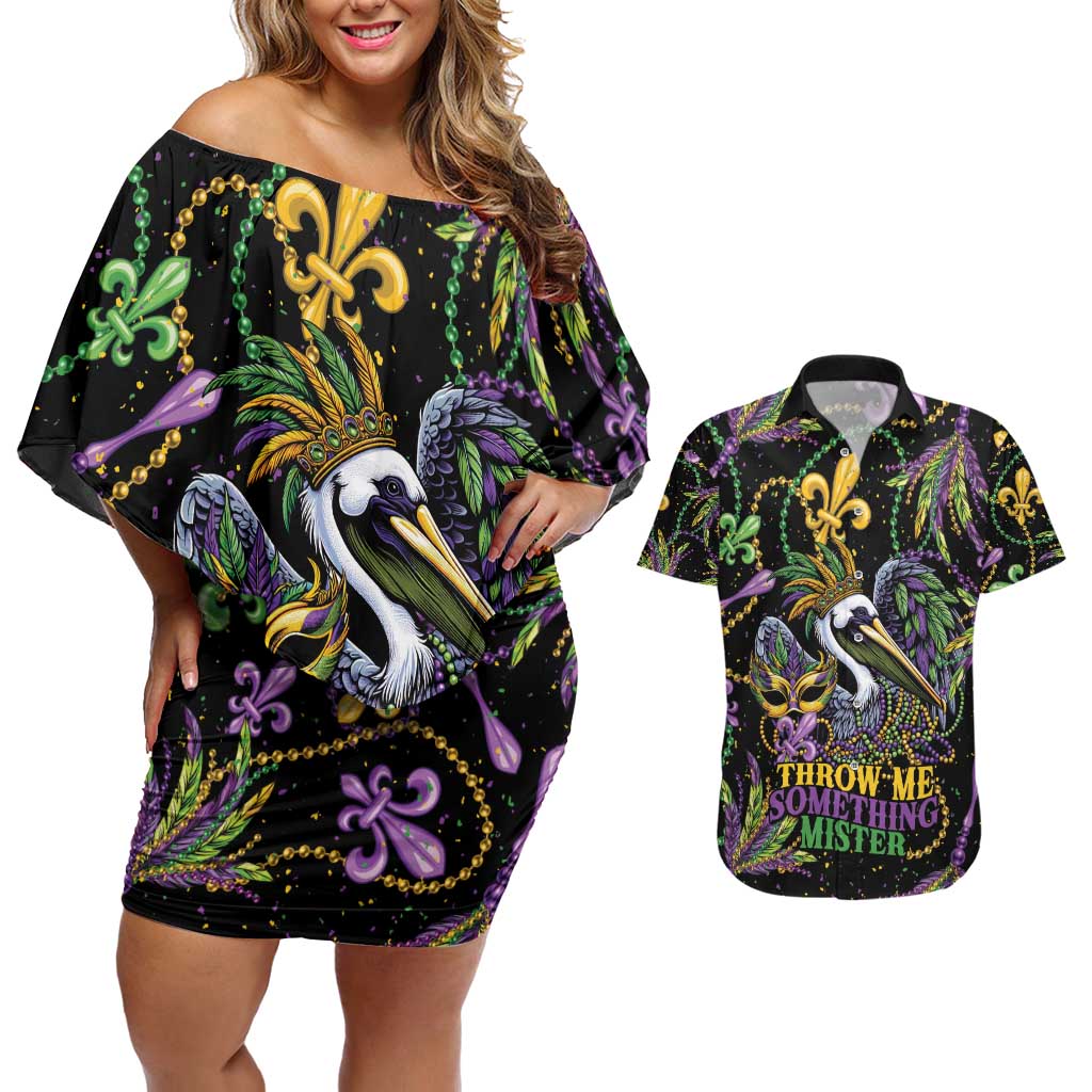 Mardi Gras Pelican Couples Matching Off Shoulder Short Dress and Hawaiian Shirt Throw me Something Mister! - Wonder Print Shop