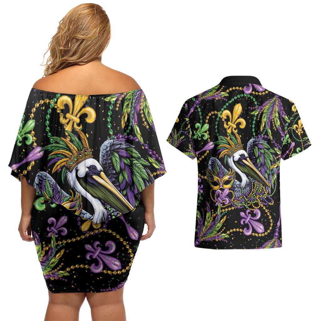 Mardi Gras Pelican Couples Matching Off Shoulder Short Dress and Hawaiian Shirt Throw me Something Mister! - Wonder Print Shop