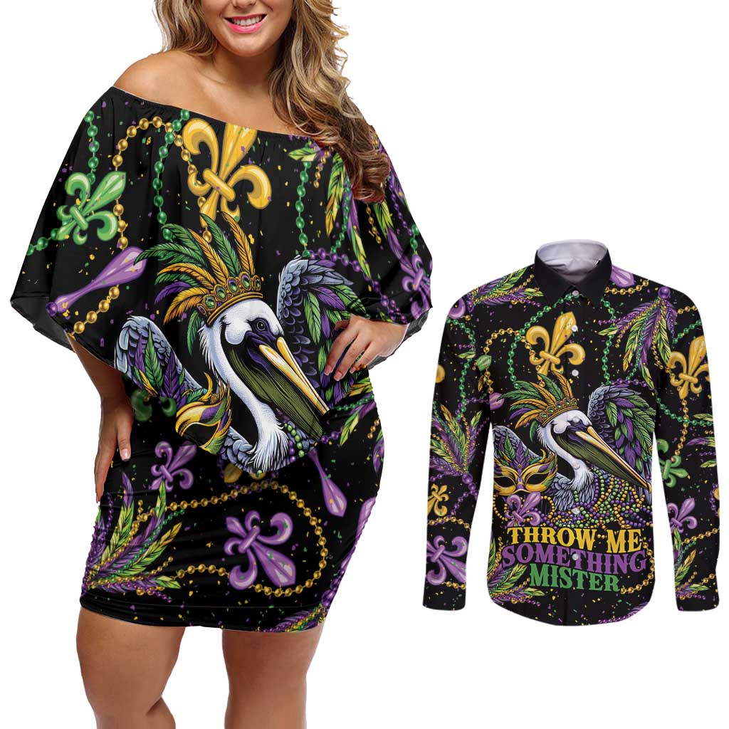 Mardi Gras Pelican Couples Matching Off Shoulder Short Dress and Long Sleeve Button Shirt Throw me Something Mister! - Wonder Print Shop