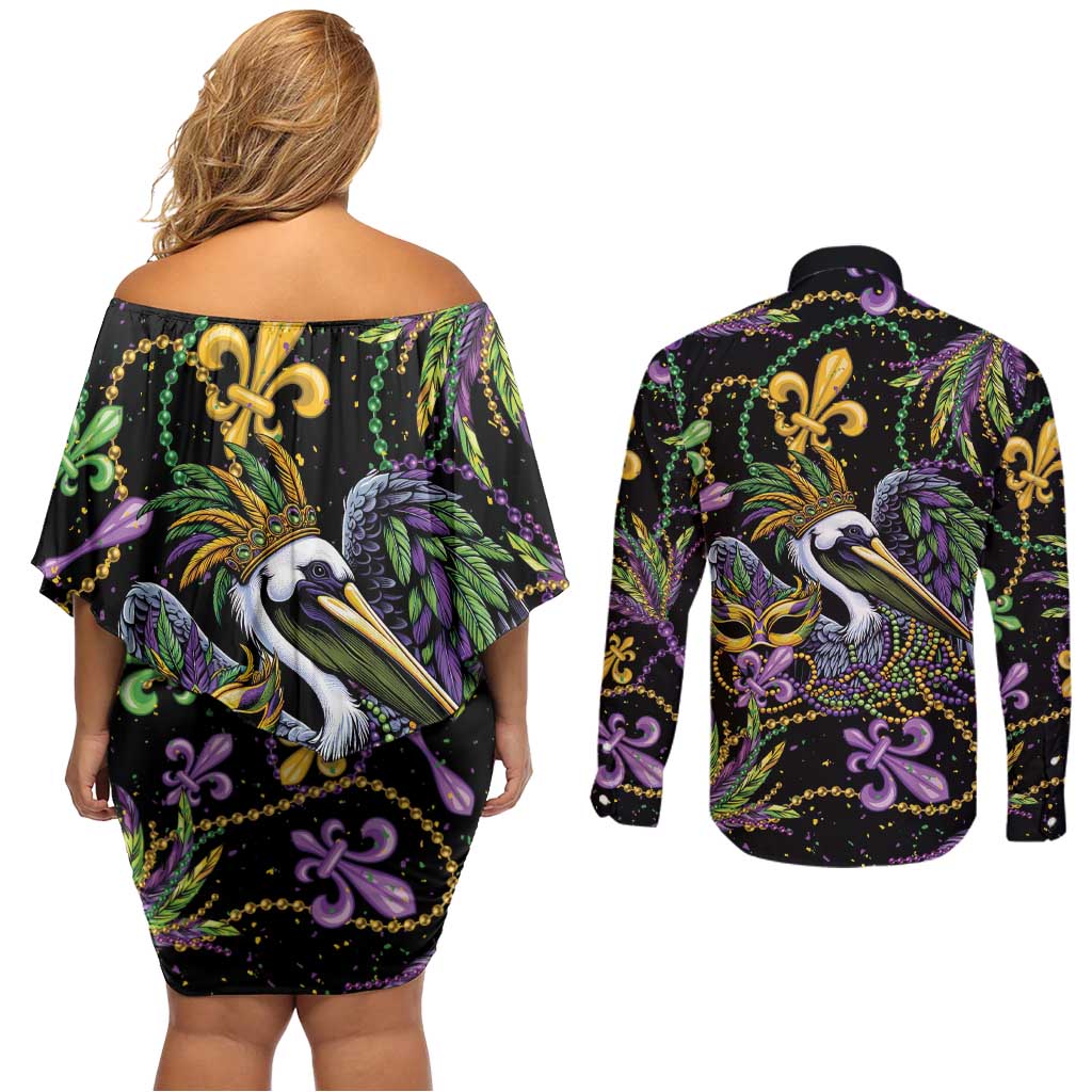 Mardi Gras Pelican Couples Matching Off Shoulder Short Dress and Long Sleeve Button Shirt Throw me Something Mister! - Wonder Print Shop