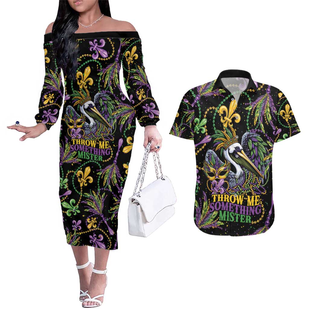 Mardi Gras Pelican Couples Matching Off The Shoulder Long Sleeve Dress and Hawaiian Shirt Throw me Something Mister! - Wonder Print Shop