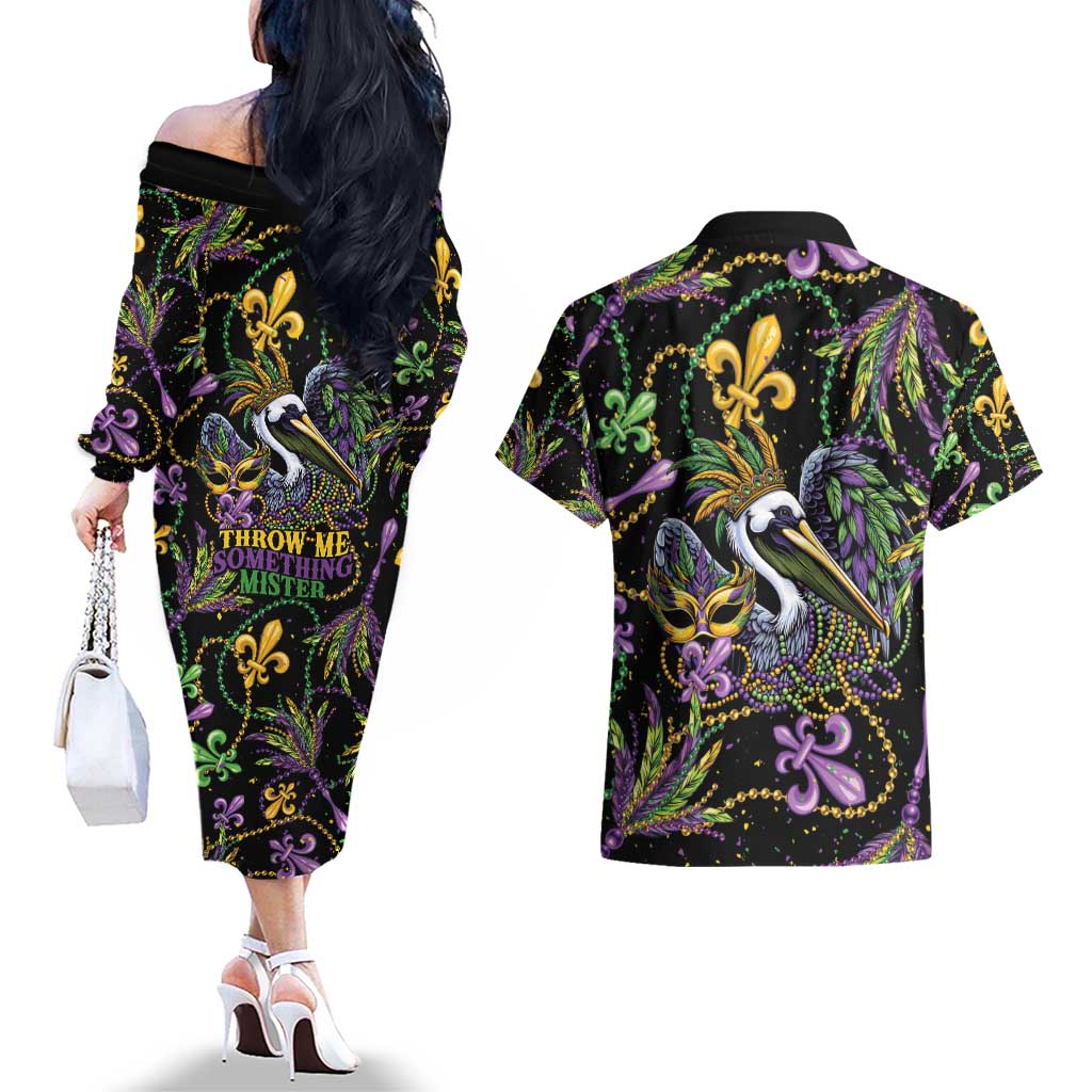 Mardi Gras Pelican Couples Matching Off The Shoulder Long Sleeve Dress and Hawaiian Shirt Throw me Something Mister! - Wonder Print Shop