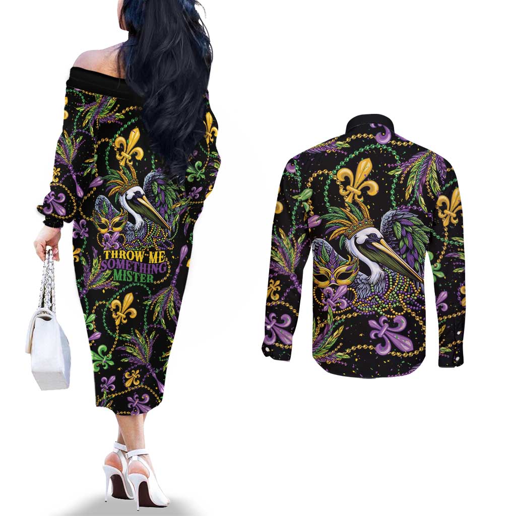Mardi Gras Pelican Couples Matching Off The Shoulder Long Sleeve Dress and Long Sleeve Button Shirt Throw me Something Mister! - Wonder Print Shop