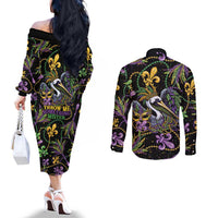 Mardi Gras Pelican Couples Matching Off The Shoulder Long Sleeve Dress and Long Sleeve Button Shirt Throw me Something Mister! - Wonder Print Shop