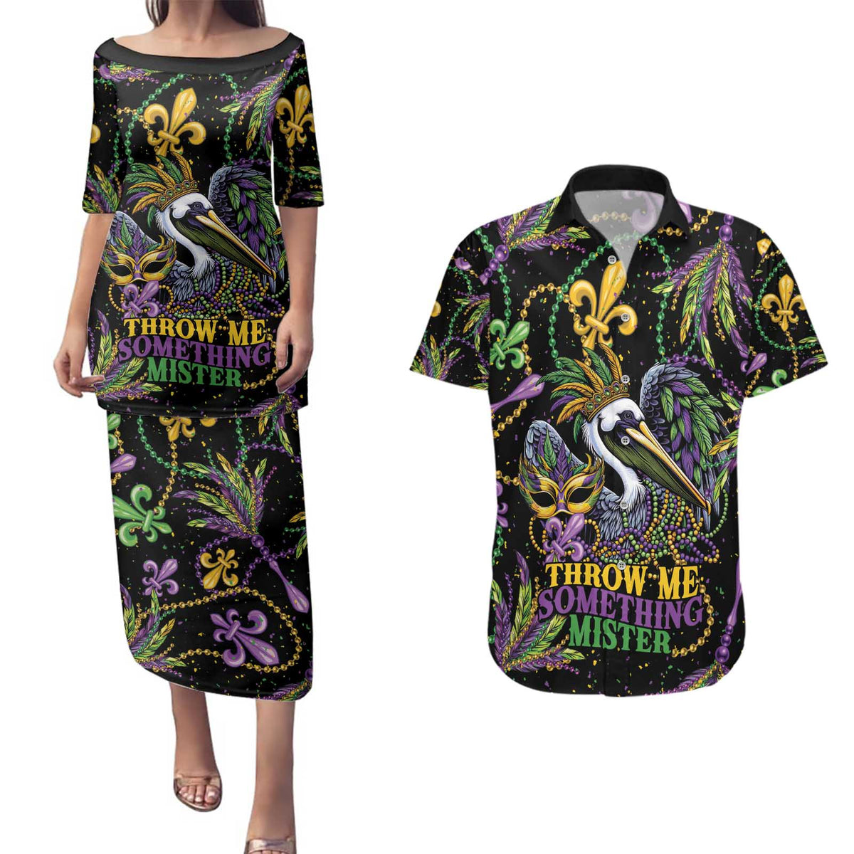 Mardi Gras Pelican Couples Matching Puletasi and Hawaiian Shirt Throw me Something Mister! - Wonder Print Shop