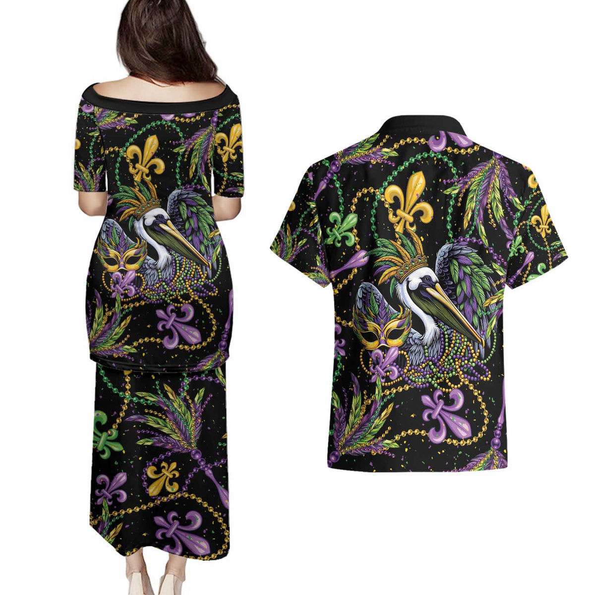 Mardi Gras Pelican Couples Matching Puletasi and Hawaiian Shirt Throw me Something Mister! - Wonder Print Shop
