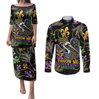 Mardi Gras Pelican Couples Matching Puletasi and Long Sleeve Button Shirt Throw me Something Mister! - Wonder Print Shop