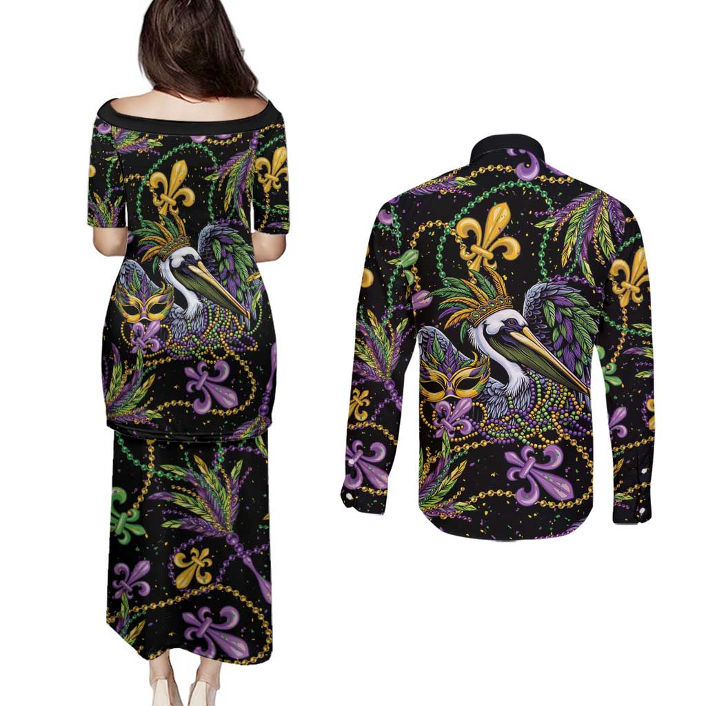 Mardi Gras Pelican Couples Matching Puletasi and Long Sleeve Button Shirt Throw me Something Mister! - Wonder Print Shop