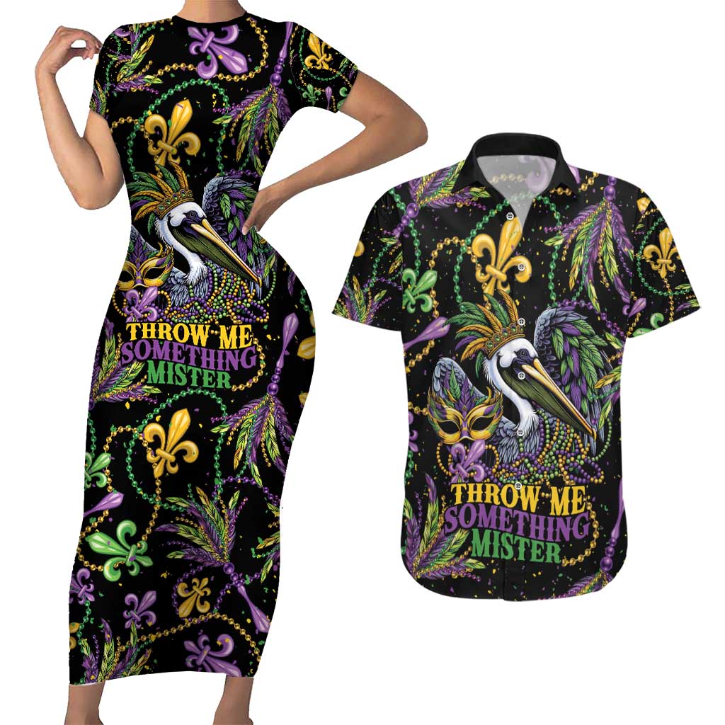 Mardi Gras Pelican Couples Matching Short Sleeve Bodycon Dress and Hawaiian Shirt Throw me Something Mister! - Wonder Print Shop