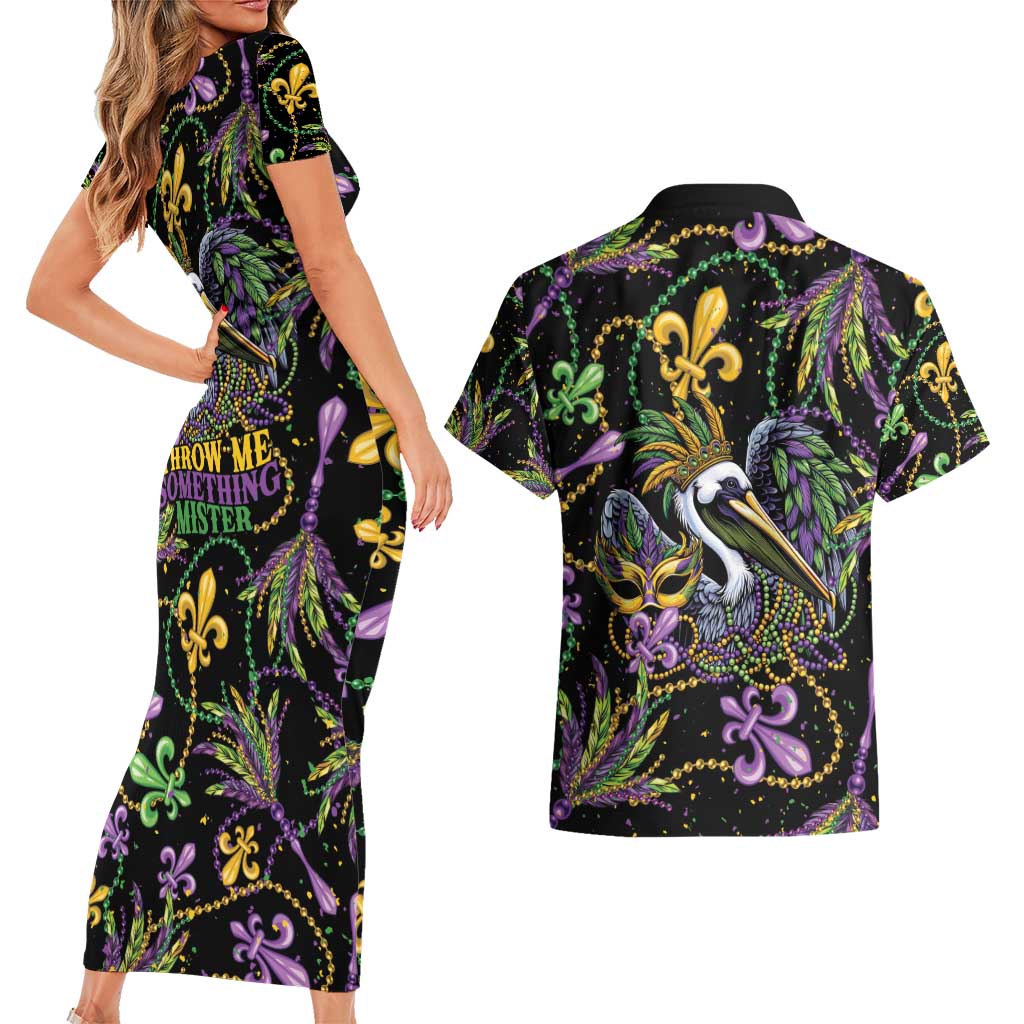 Mardi Gras Pelican Couples Matching Short Sleeve Bodycon Dress and Hawaiian Shirt Throw me Something Mister! - Wonder Print Shop