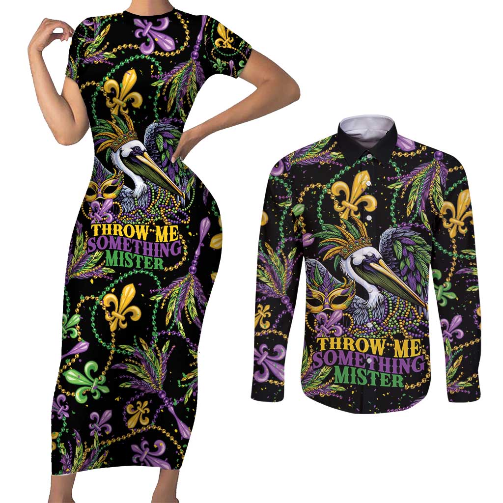 Mardi Gras Pelican Couples Matching Short Sleeve Bodycon Dress and Long Sleeve Button Shirt Throw me Something Mister! - Wonder Print Shop