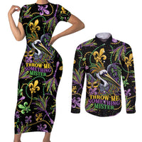 Mardi Gras Pelican Couples Matching Short Sleeve Bodycon Dress and Long Sleeve Button Shirt Throw me Something Mister! - Wonder Print Shop
