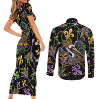 Mardi Gras Pelican Couples Matching Short Sleeve Bodycon Dress and Long Sleeve Button Shirt Throw me Something Mister! - Wonder Print Shop