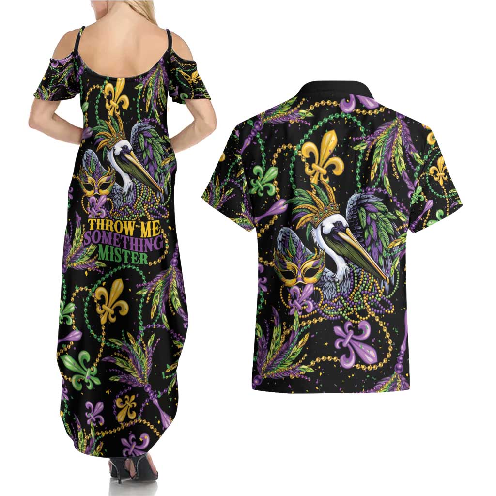 Mardi Gras Pelican Couples Matching Summer Maxi Dress and Hawaiian Shirt Throw me Something Mister! - Wonder Print Shop