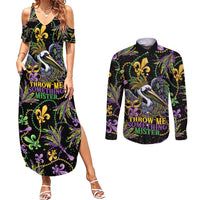 Mardi Gras Pelican Couples Matching Summer Maxi Dress and Long Sleeve Button Shirt Throw me Something Mister! - Wonder Print Shop