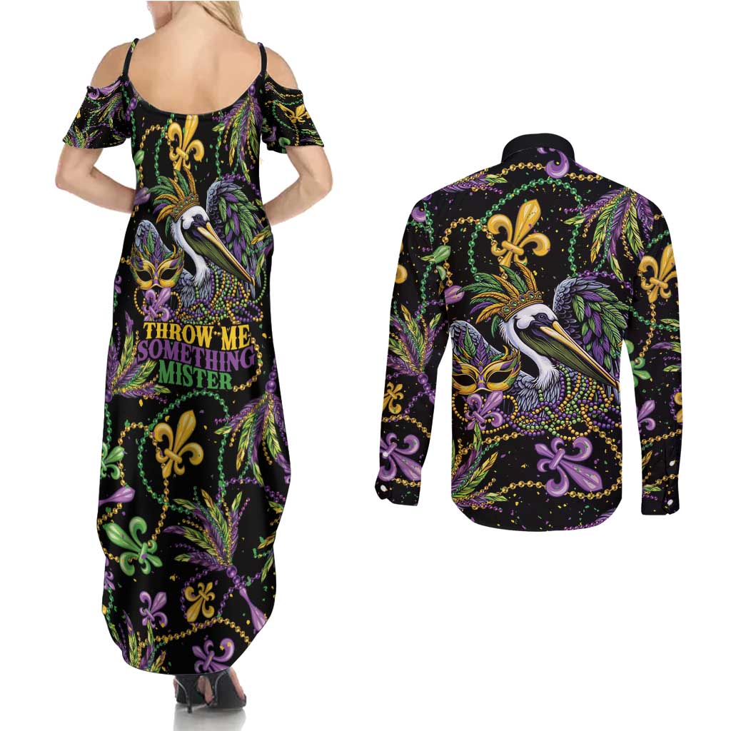 Mardi Gras Pelican Couples Matching Summer Maxi Dress and Long Sleeve Button Shirt Throw me Something Mister! - Wonder Print Shop