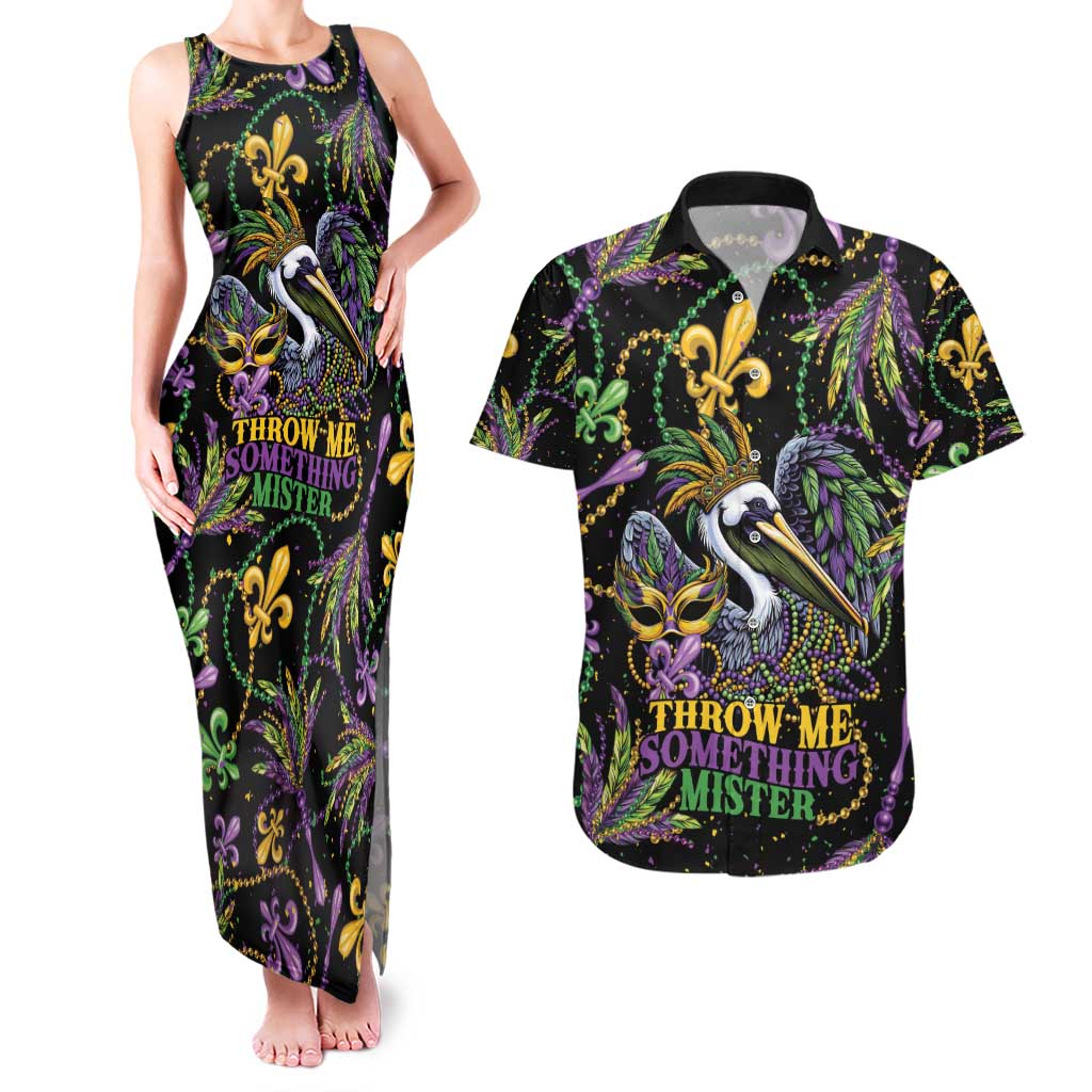 Mardi Gras Pelican Couples Matching Tank Maxi Dress and Hawaiian Shirt Throw me Something Mister! - Wonder Print Shop