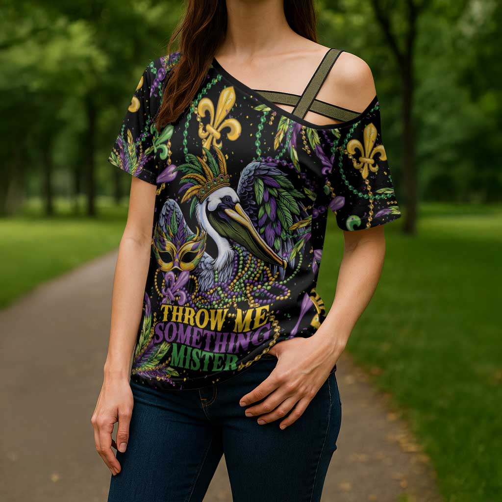 Mardi Gras Pelican Cross Shoulder Shirt Throw me Something Mister! - Wonder Print Shop