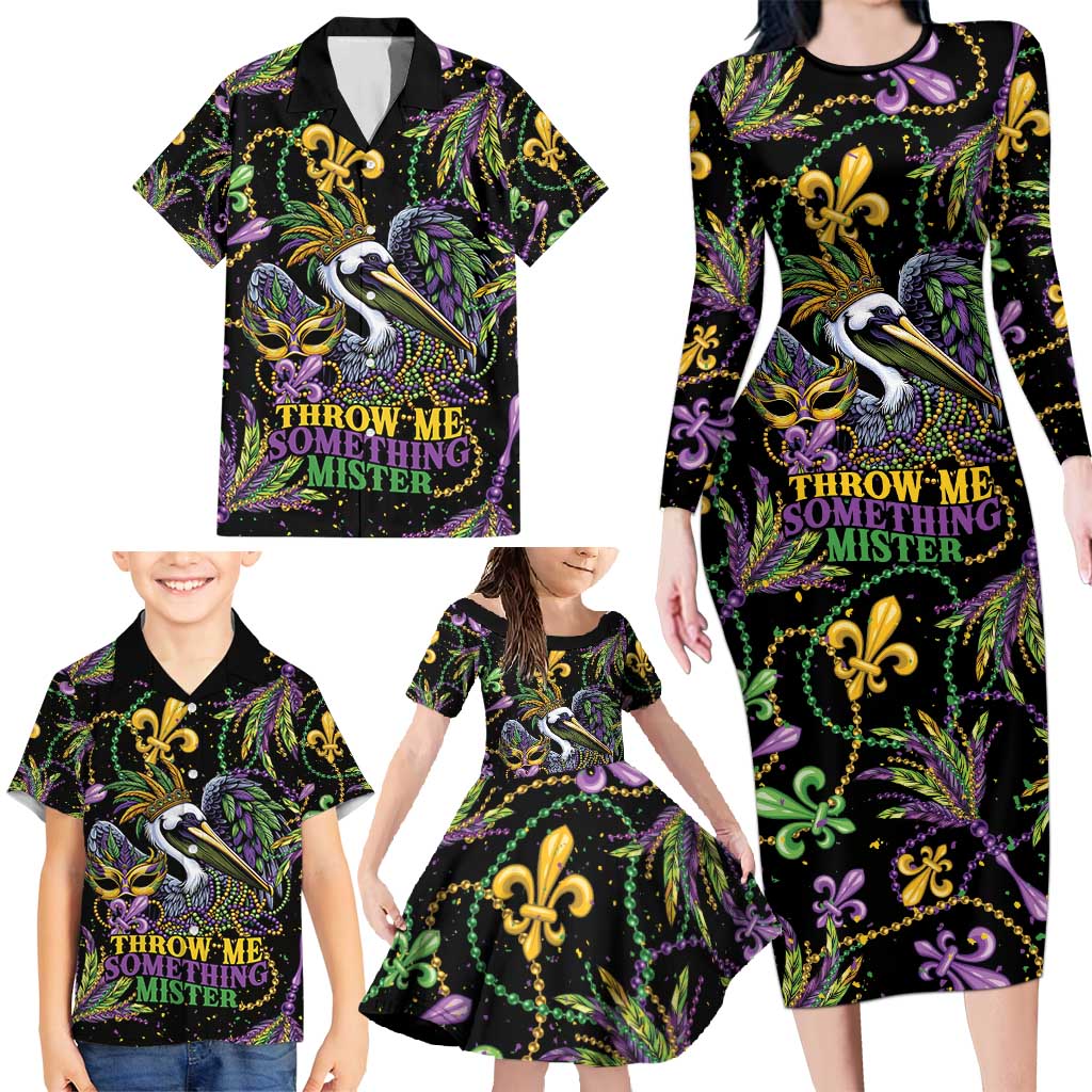 Mardi Gras Pelican Family Matching Long Sleeve Bodycon Dress and Hawaiian Shirt Throw me Something Mister! - Wonder Print Shop