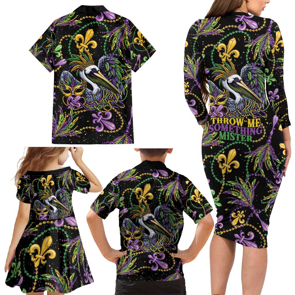 Mardi Gras Pelican Family Matching Long Sleeve Bodycon Dress and Hawaiian Shirt Throw me Something Mister! - Wonder Print Shop