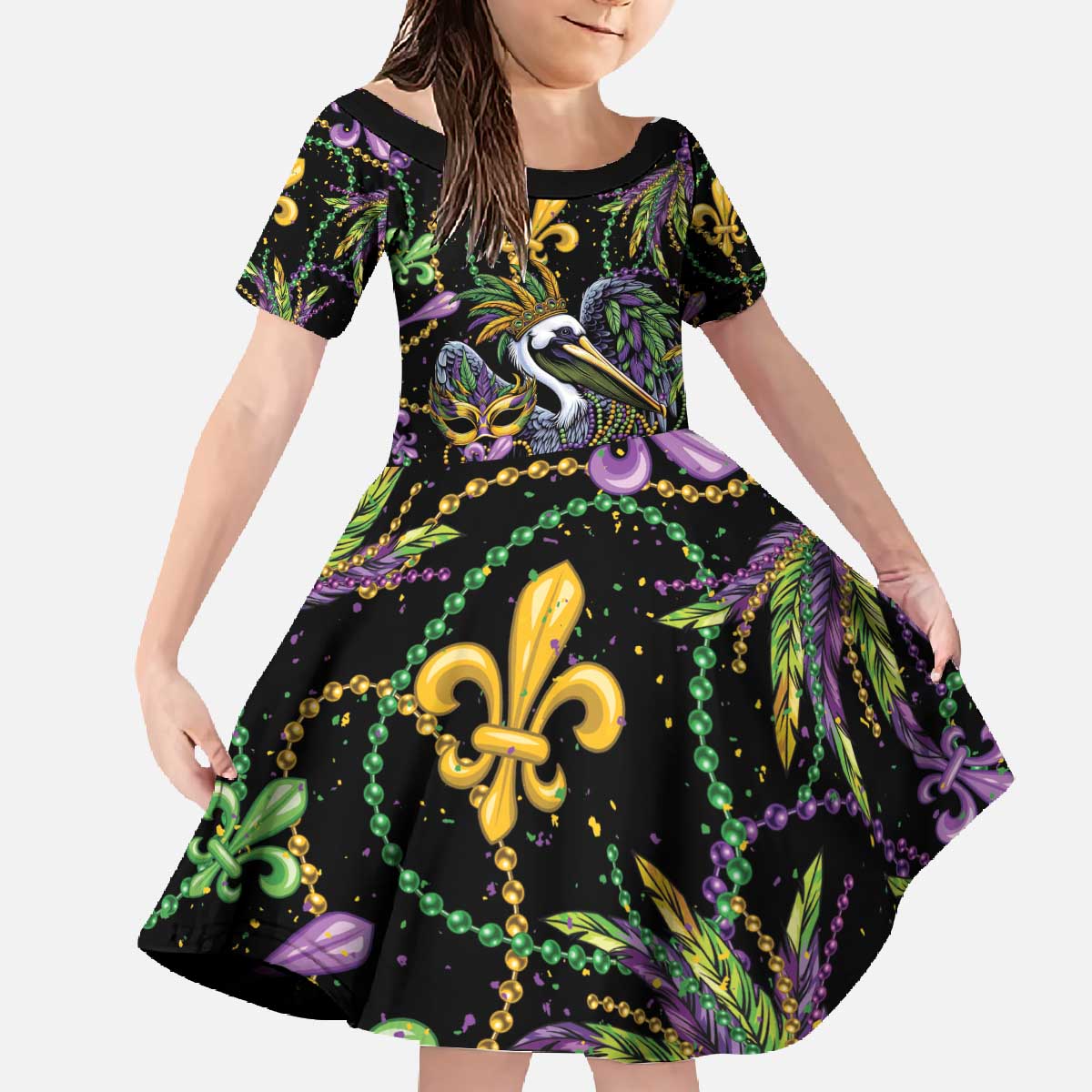 Mardi Gras Pelican Family Matching Off The Shoulder Long Sleeve Dress and Hawaiian Shirt Throw me Something Mister! - Wonder Print Shop