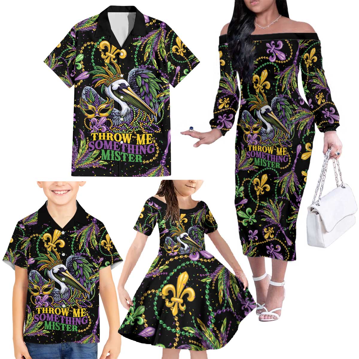 Mardi Gras Pelican Family Matching Off The Shoulder Long Sleeve Dress and Hawaiian Shirt Throw me Something Mister! - Wonder Print Shop