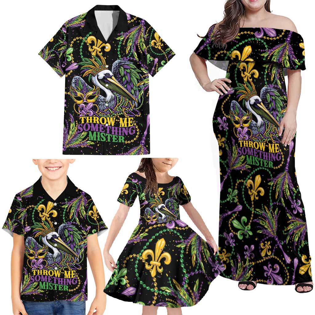 Mardi Gras Pelican Family Matching Off Shoulder Maxi Dress and Hawaiian Shirt Throw me Something Mister! - Wonder Print Shop