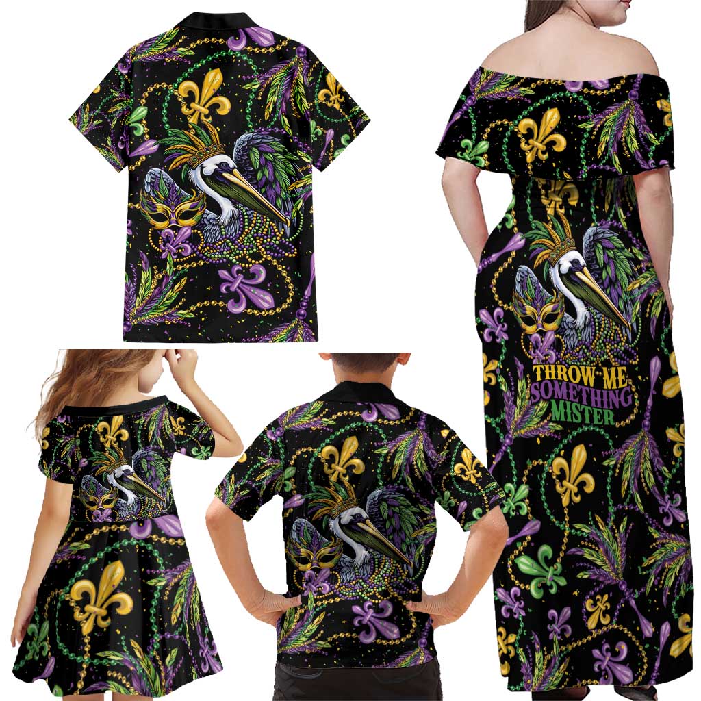 Mardi Gras Pelican Family Matching Off Shoulder Maxi Dress and Hawaiian Shirt Throw me Something Mister! - Wonder Print Shop