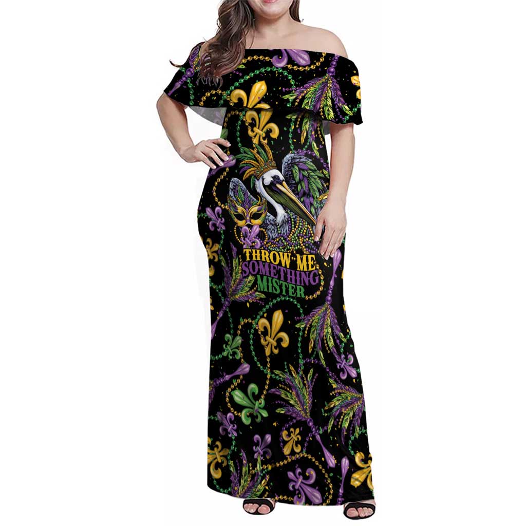 Mardi Gras Pelican Family Matching Off Shoulder Maxi Dress and Hawaiian Shirt Throw me Something Mister! - Wonder Print Shop