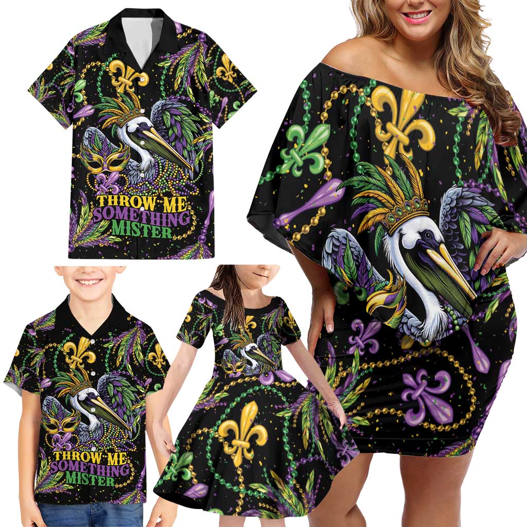 Mardi Gras Pelican Family Matching Off Shoulder Short Dress and Hawaiian Shirt Throw me Something Mister! - Wonder Print Shop