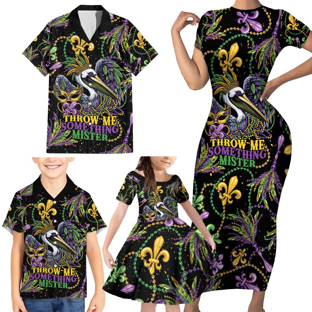 Mardi Gras Pelican Family Matching Short Sleeve Bodycon Dress and Hawaiian Shirt Throw me Something Mister! - Wonder Print Shop