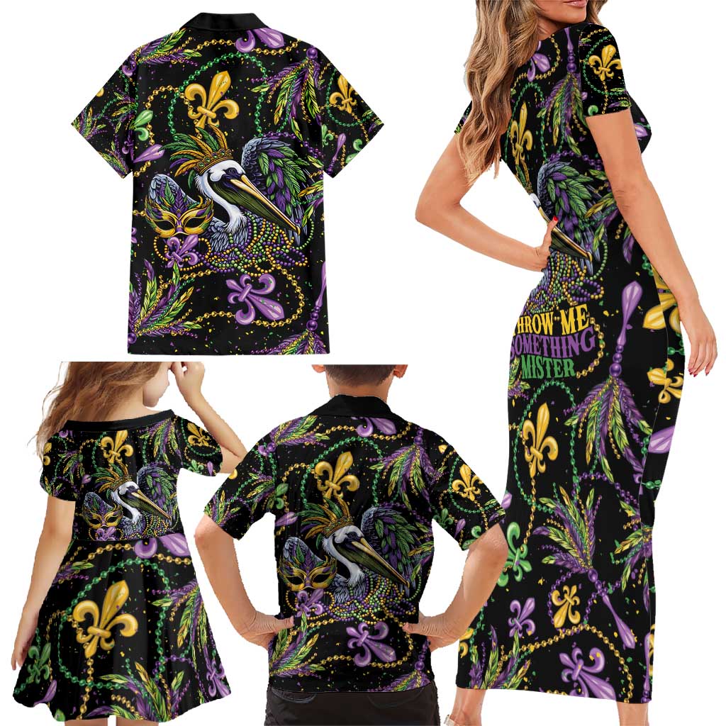 Mardi Gras Pelican Family Matching Short Sleeve Bodycon Dress and Hawaiian Shirt Throw me Something Mister! - Wonder Print Shop
