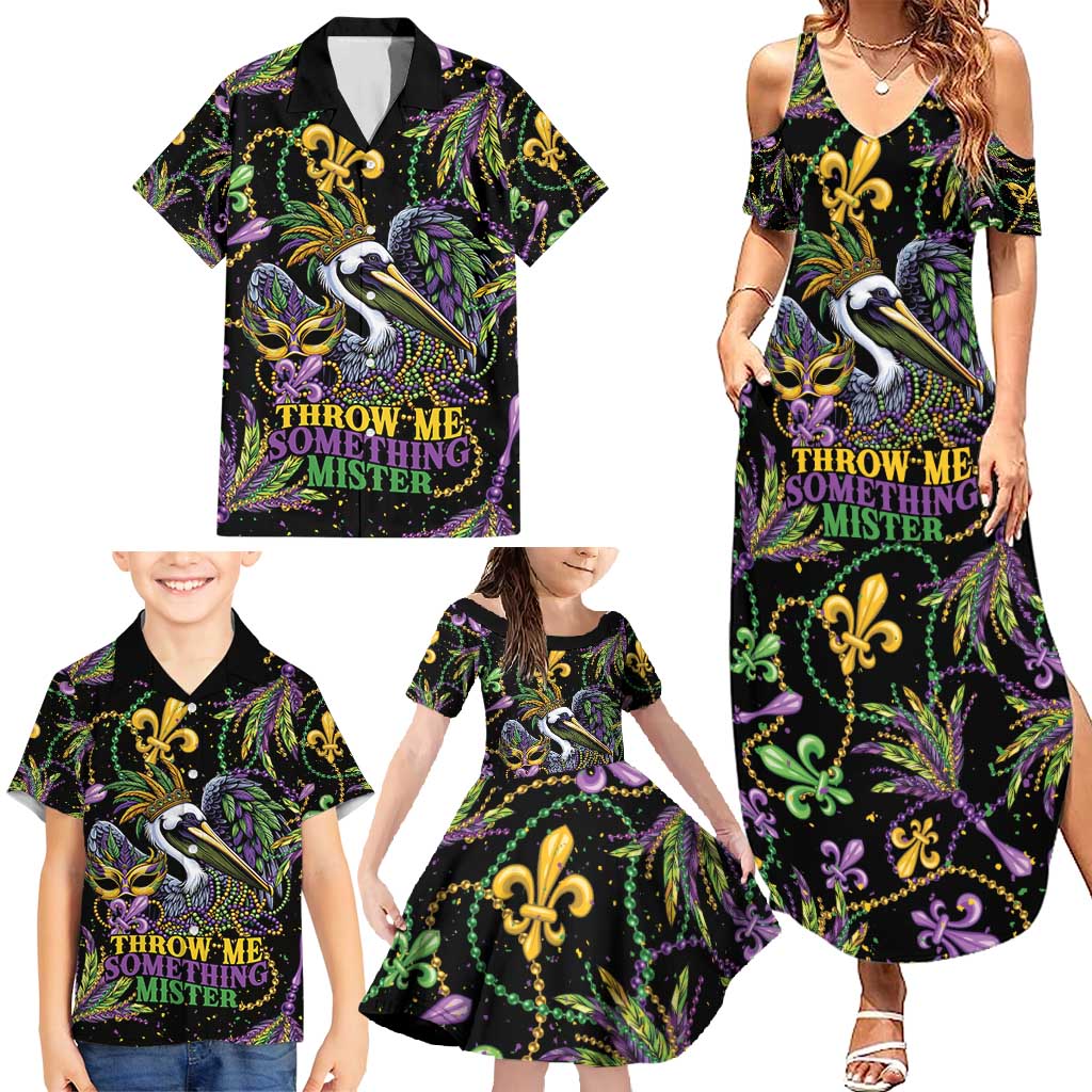 Mardi Gras Pelican Family Matching Summer Maxi Dress and Hawaiian Shirt Throw me Something Mister! - Wonder Print Shop