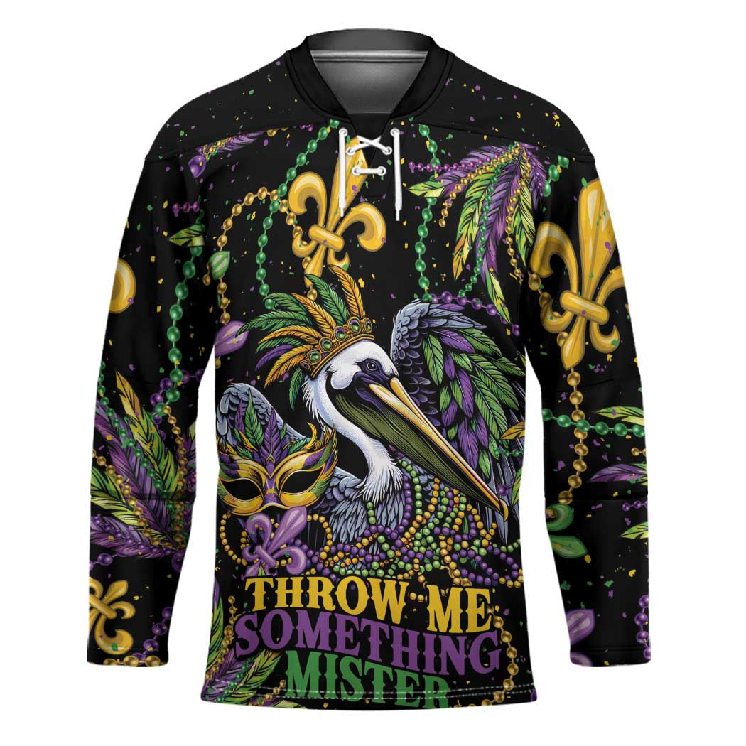 Mardi Gras Pelican Hockey Jersey Throw me Something Mister! - Wonder Print Shop