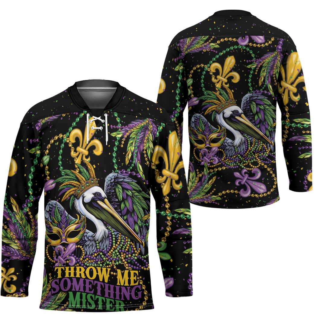 Mardi Gras Pelican Hockey Jersey Throw me Something Mister! - Wonder Print Shop
