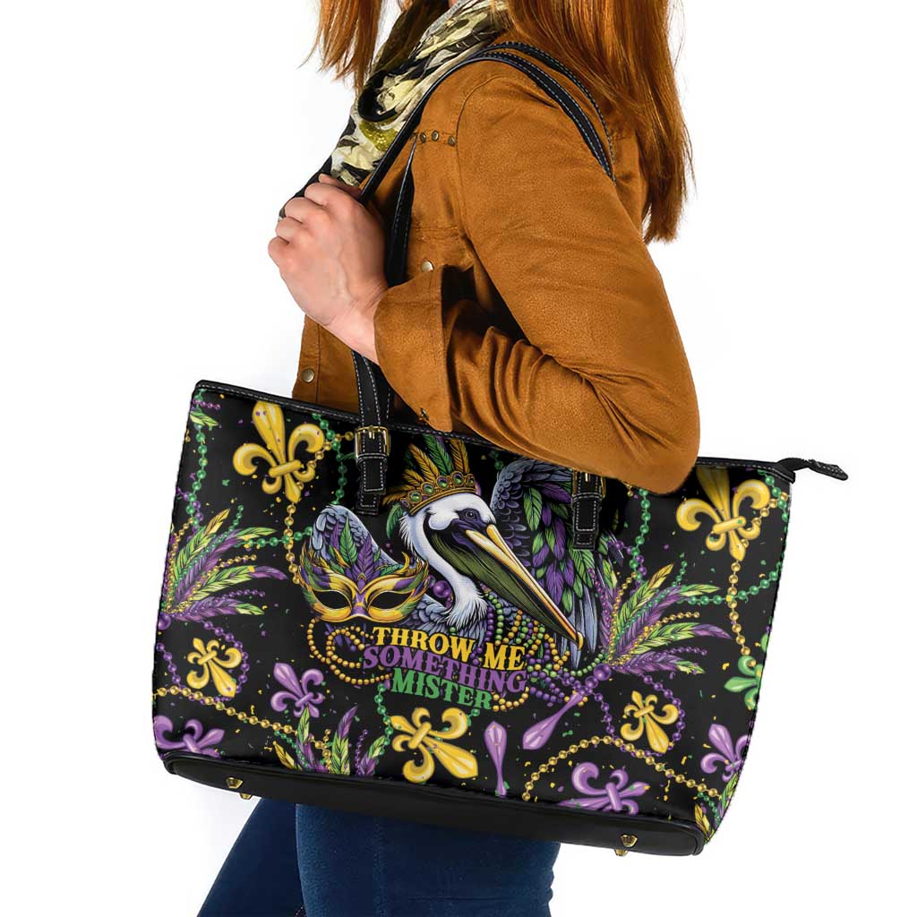 Mardi Gras Pelican Leather Tote Bag Throw me Something Mister! - Wonder Print Shop