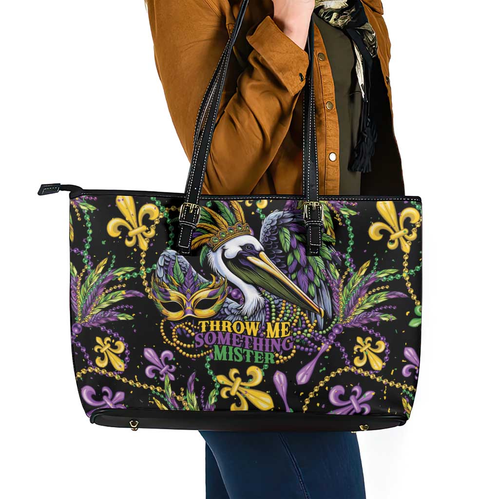 Mardi Gras Pelican Leather Tote Bag Throw me Something Mister! - Wonder Print Shop