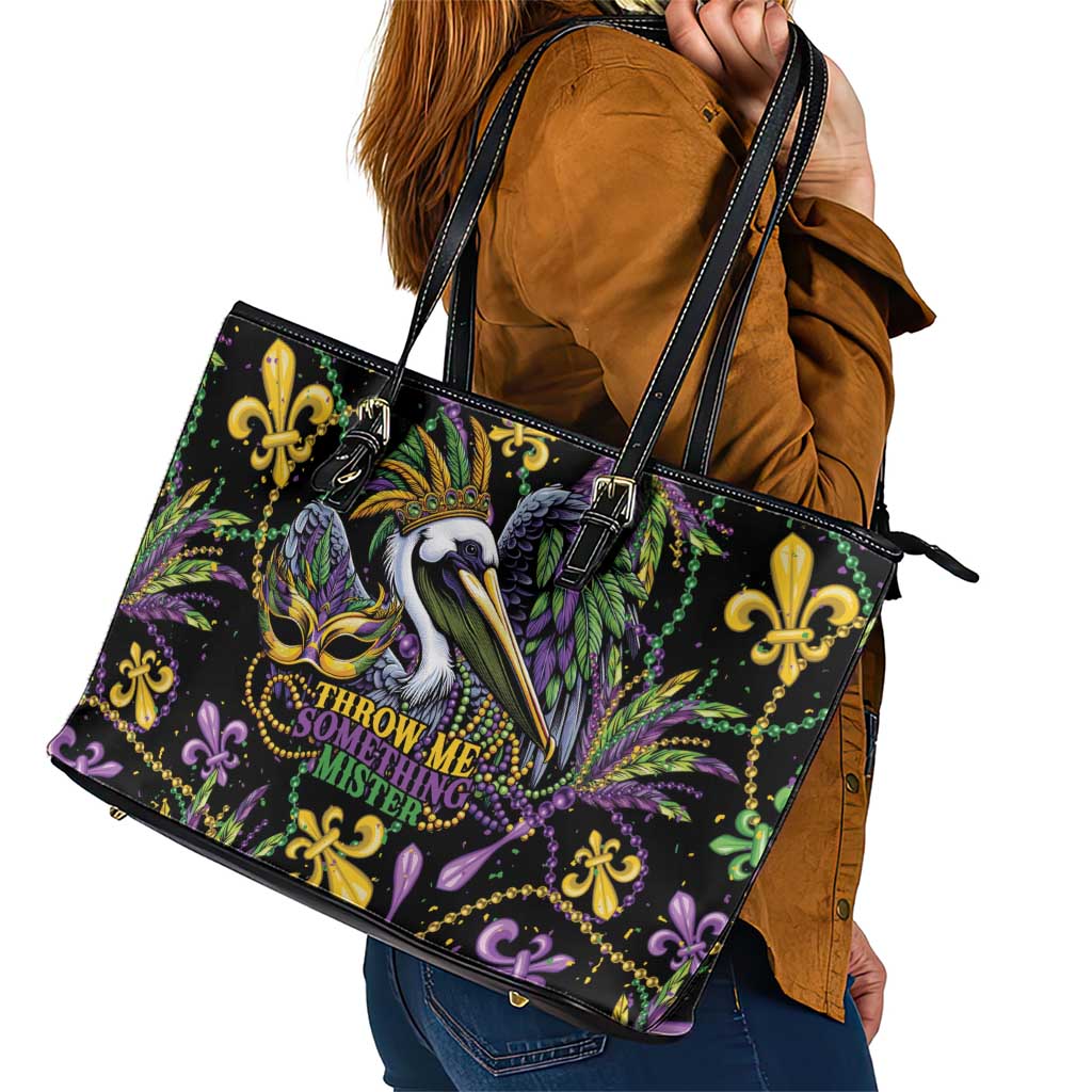 Mardi Gras Pelican Leather Tote Bag Throw me Something Mister! - Wonder Print Shop