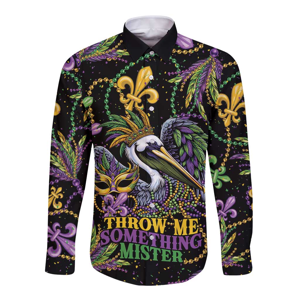 Mardi Gras Pelican Long Sleeve Button Shirt Throw me Something Mister! - Wonder Print Shop