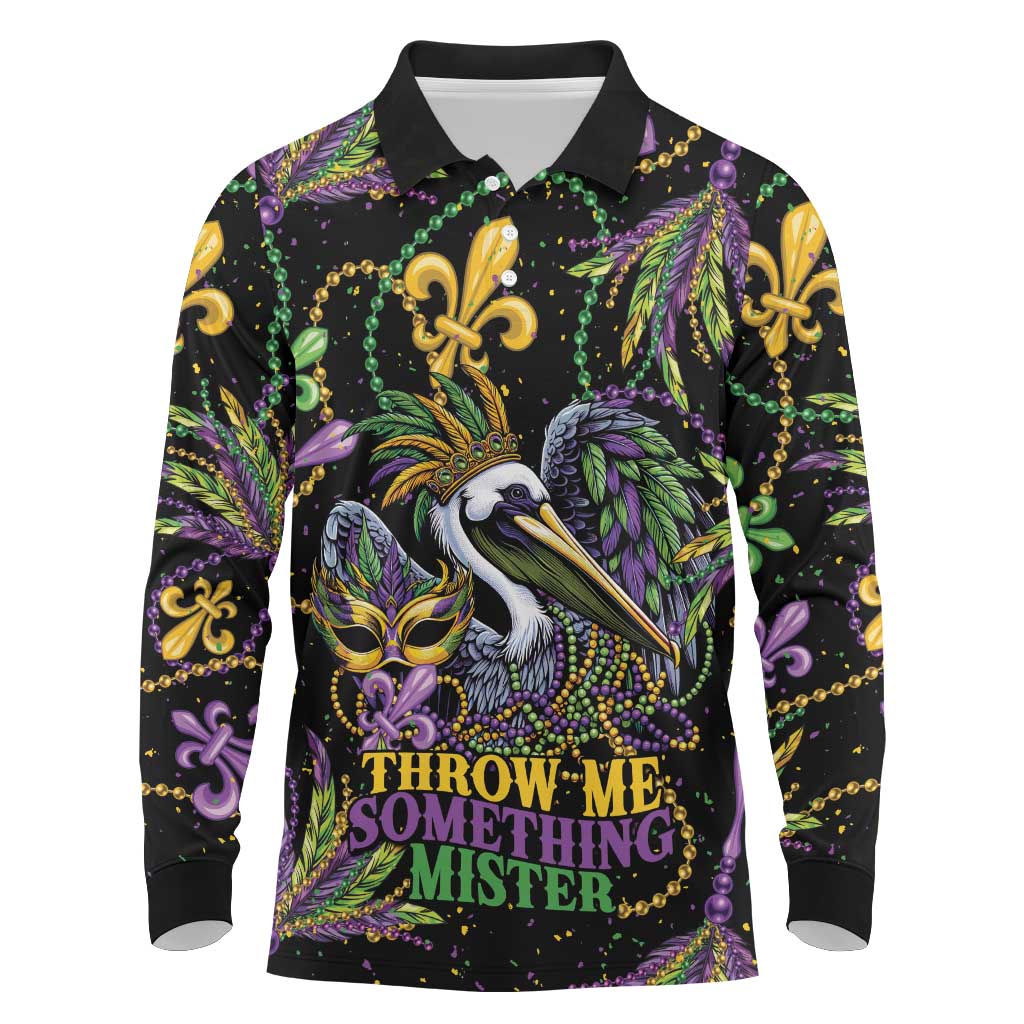 Mardi Gras Pelican Long Sleeve Polo Shirt Throw me Something Mister! - Wonder Print Shop