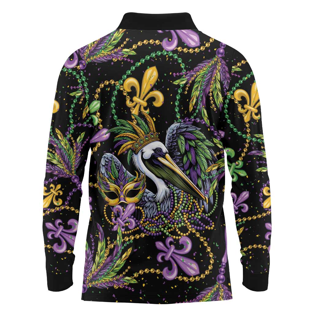 Mardi Gras Pelican Long Sleeve Polo Shirt Throw me Something Mister! - Wonder Print Shop