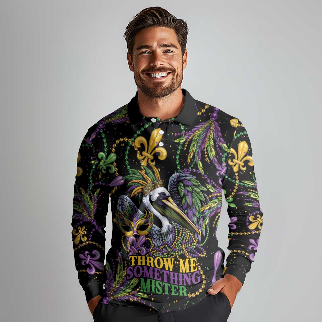 Mardi Gras Pelican Long Sleeve Polo Shirt Throw me Something Mister! - Wonder Print Shop