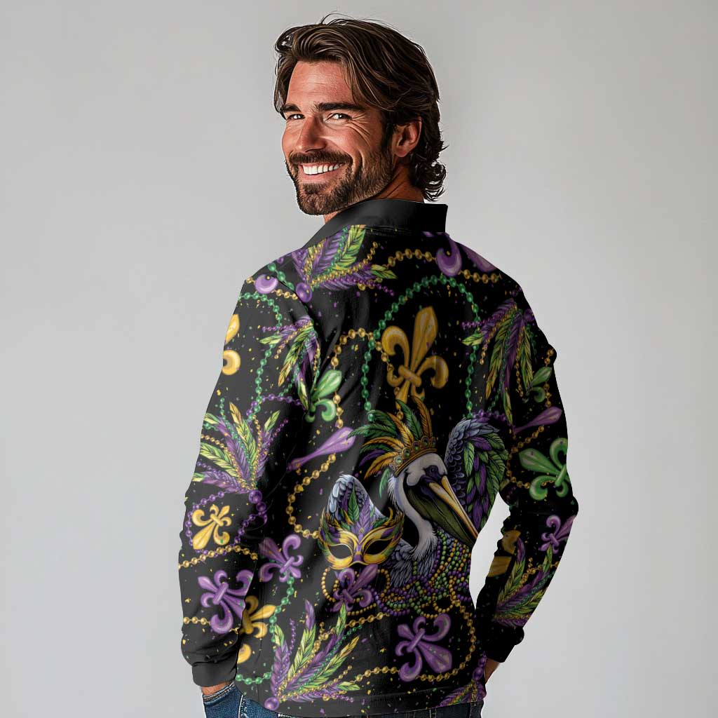 Mardi Gras Pelican Long Sleeve Polo Shirt Throw me Something Mister! - Wonder Print Shop