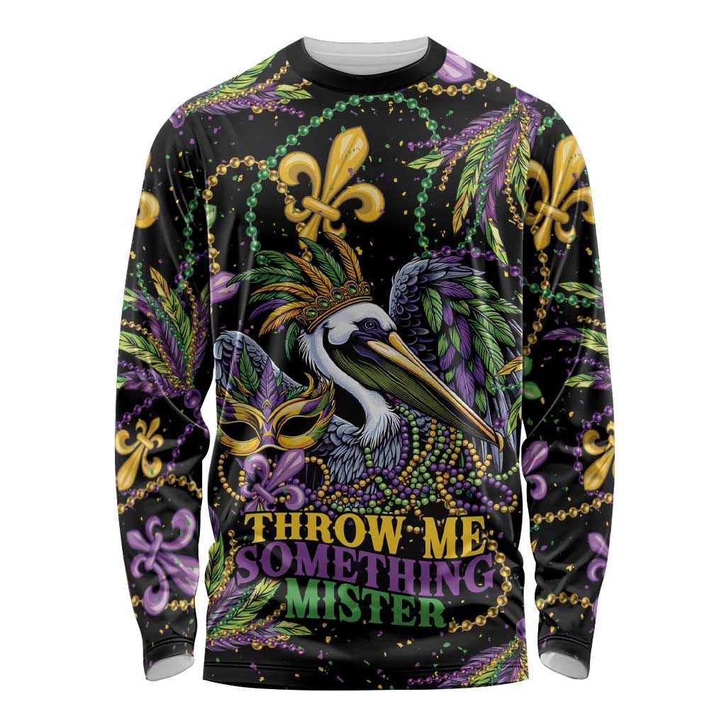 Mardi Gras Pelican Long Sleeve Shirt Throw me Something Mister! - Wonder Print Shop