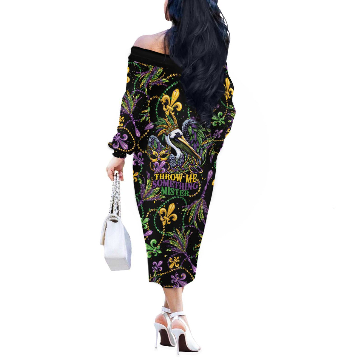 Mardi Gras Pelican Off The Shoulder Long Sleeve Dress Throw me Something Mister! - Wonder Print Shop