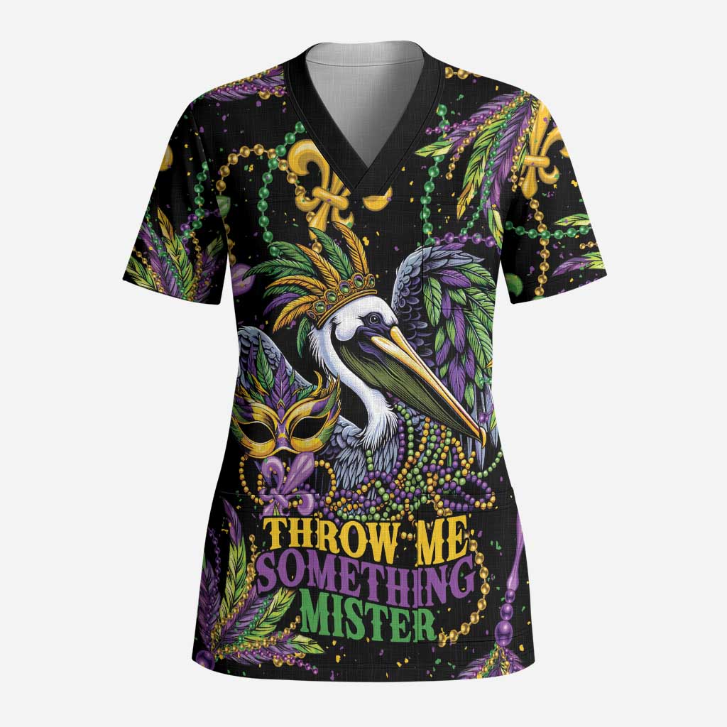 Mardi Gras Pelican Scrub Top Throw me Something Mister! - Wonder Print Shop